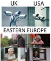 A meme in which uk and usa show security cameras for spying, while eastern europe has a set of images of babushkas