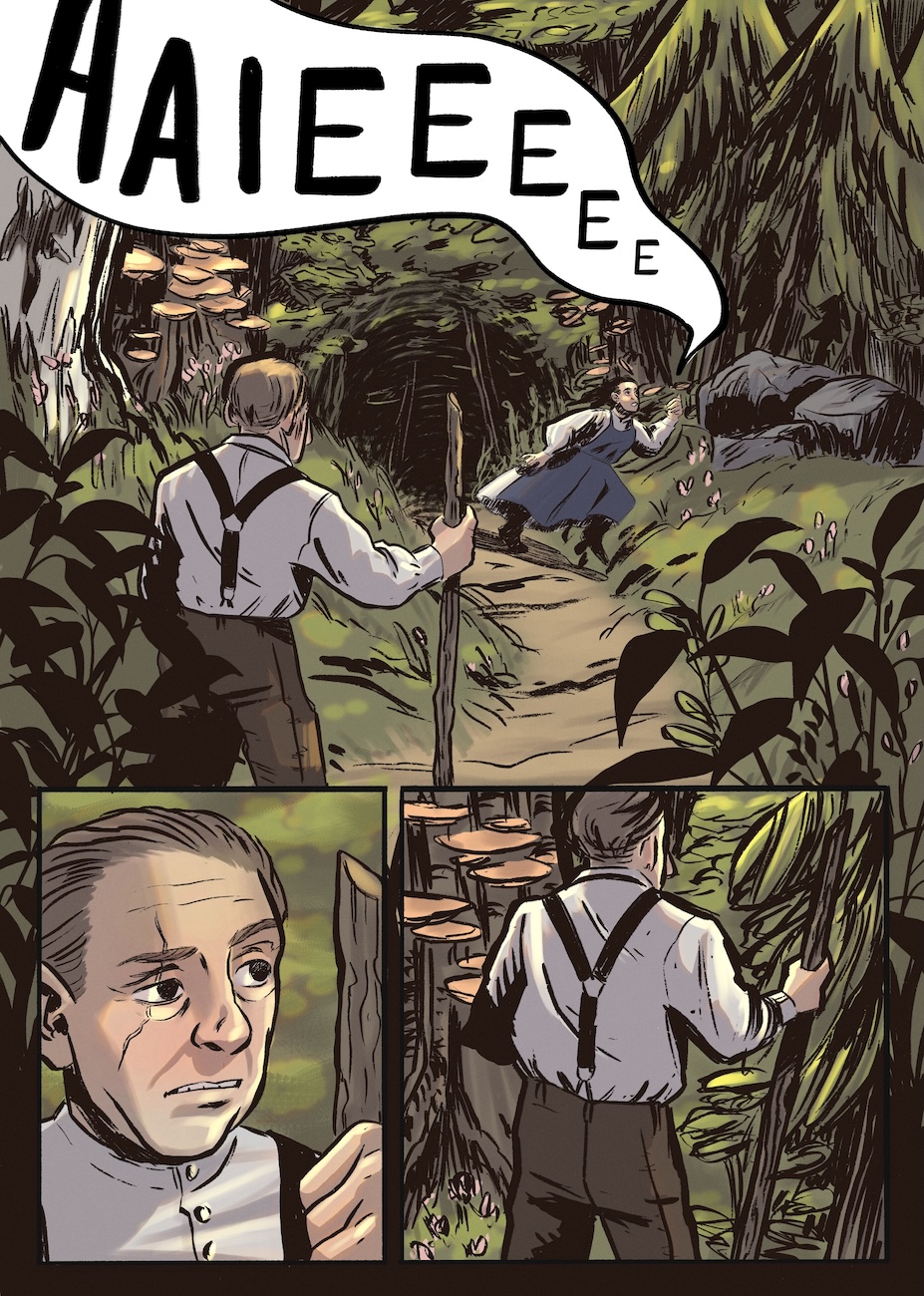 A man walking in the woods encounters a woman running and screaming