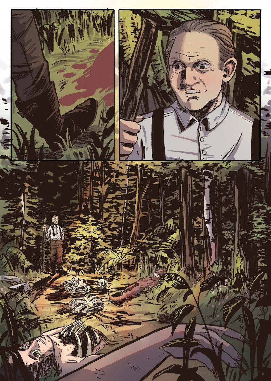 A one armed man walking in the woods encounters a trail of blood. He follows it to discover a clearing of dismembered bodies, some of them not appearing to be fully human as they have claws and purple/blue skin.
