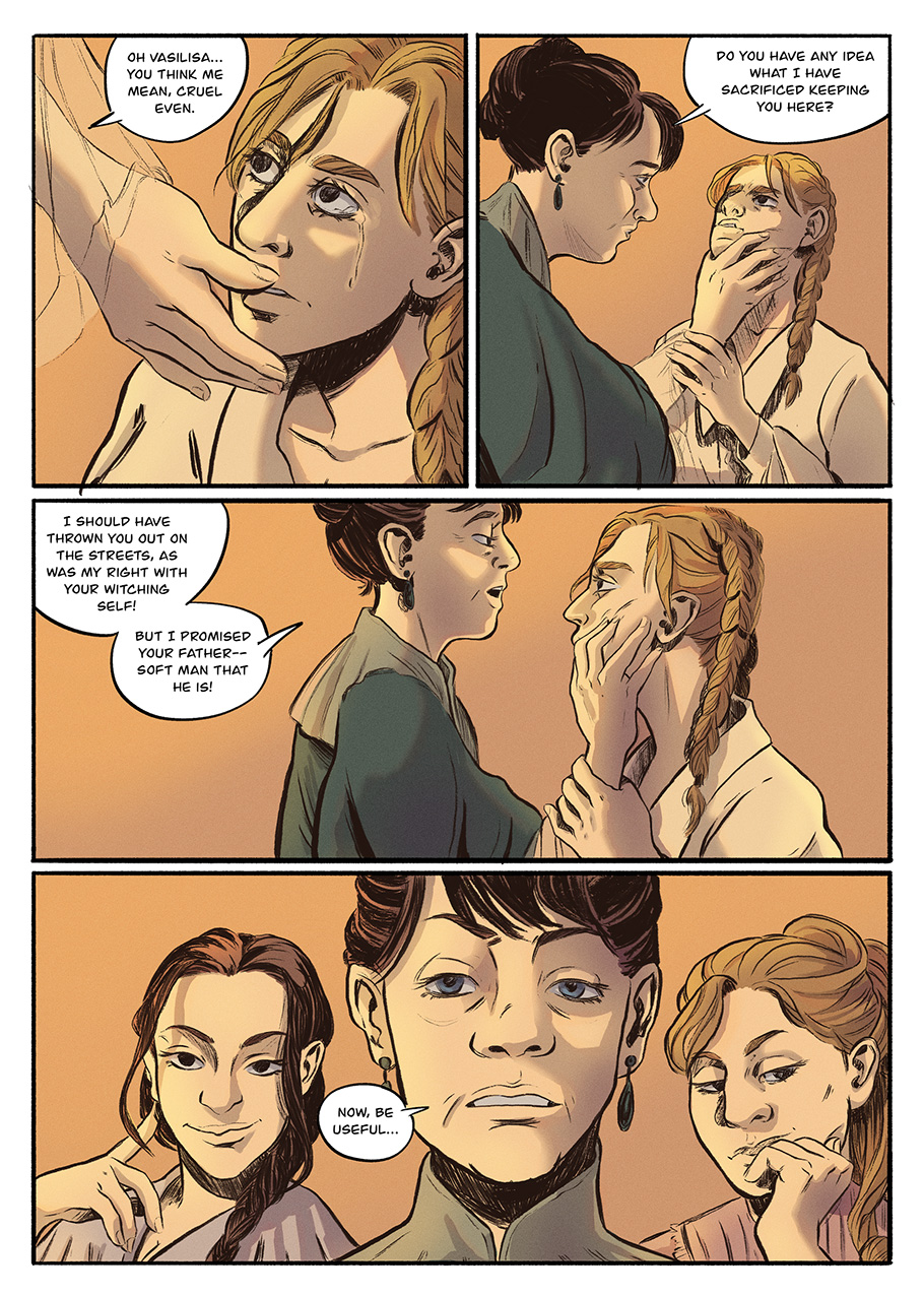 Vasilisa and her step-mother argue in their home.