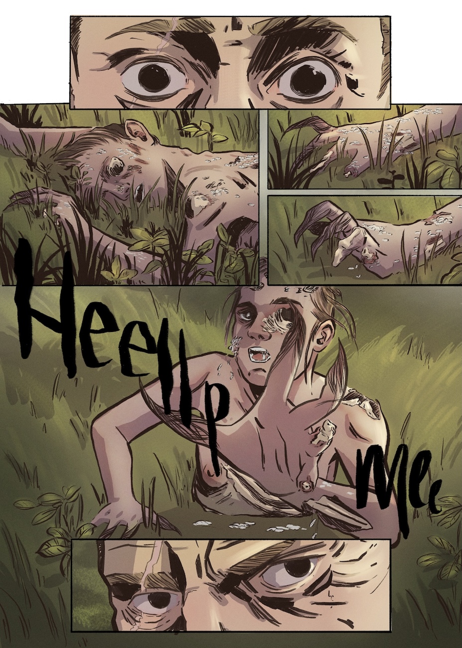 A man looks on shocked as a half-decayed, dismembered creature/corpse then begins moving and pleading for help. He then glares at it.