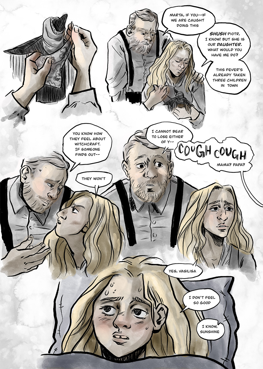 Vasilisa's parents worry over a young and sick Vasilisa