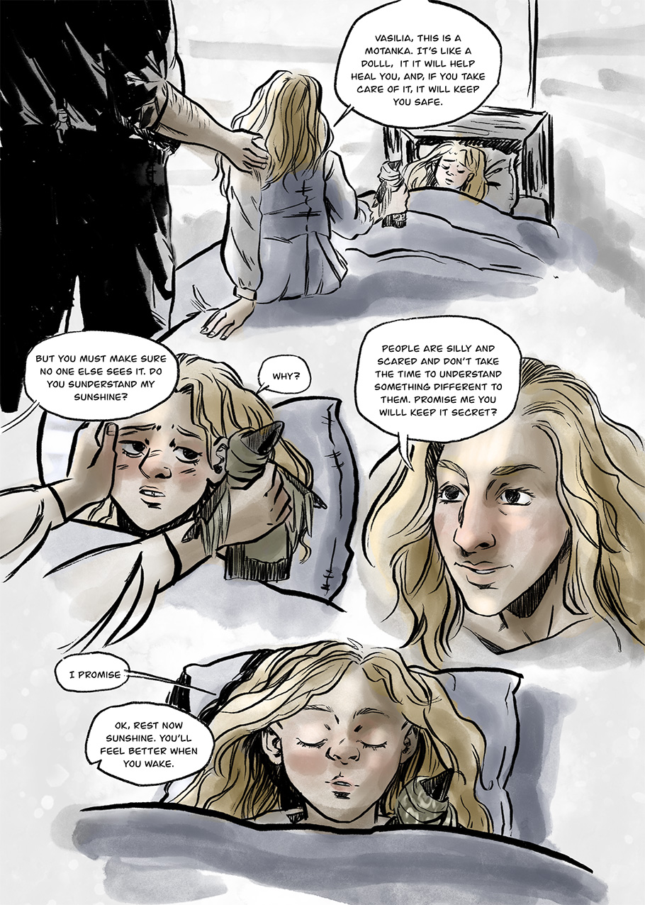 Vasilisa's parents worry over a young and sick Vasilisa