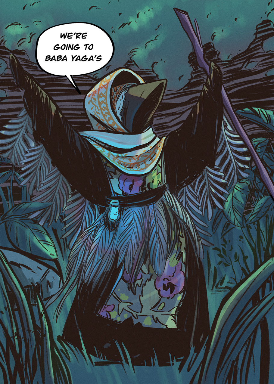 A small doll (motanka) announces they're on their way to baba yaga.