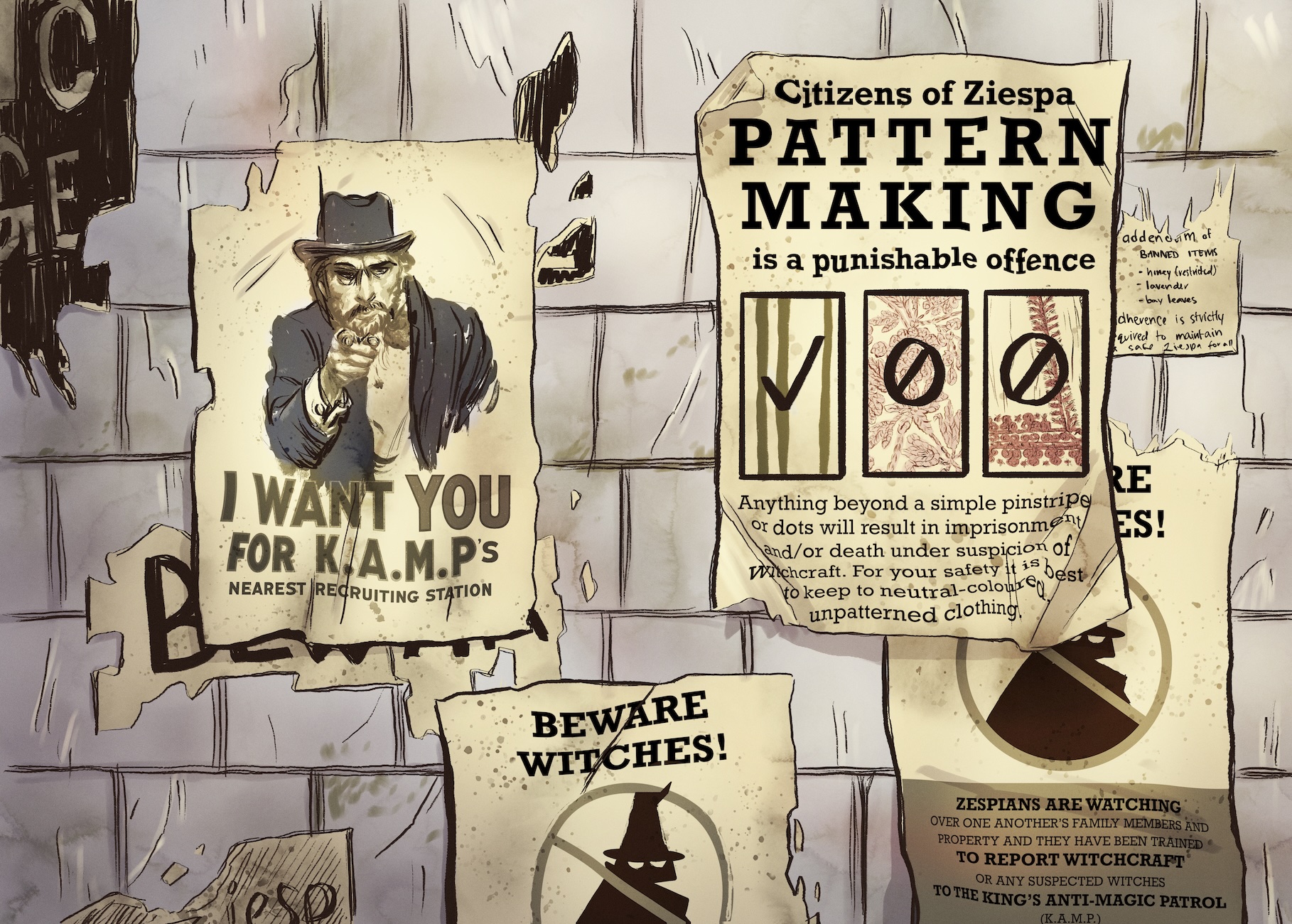 A grey brick wall plastered in posters warning against pattern making and witchcraft.