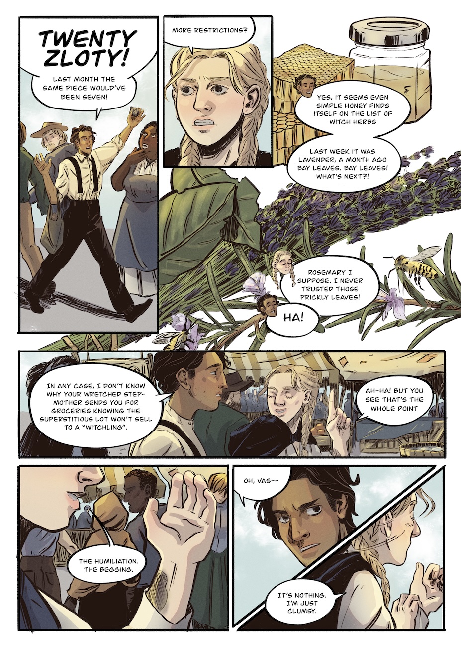 Jakub and Vasilisa walk through the market, discussing various restricted herbs, and a hint at Vasilisa's home life.