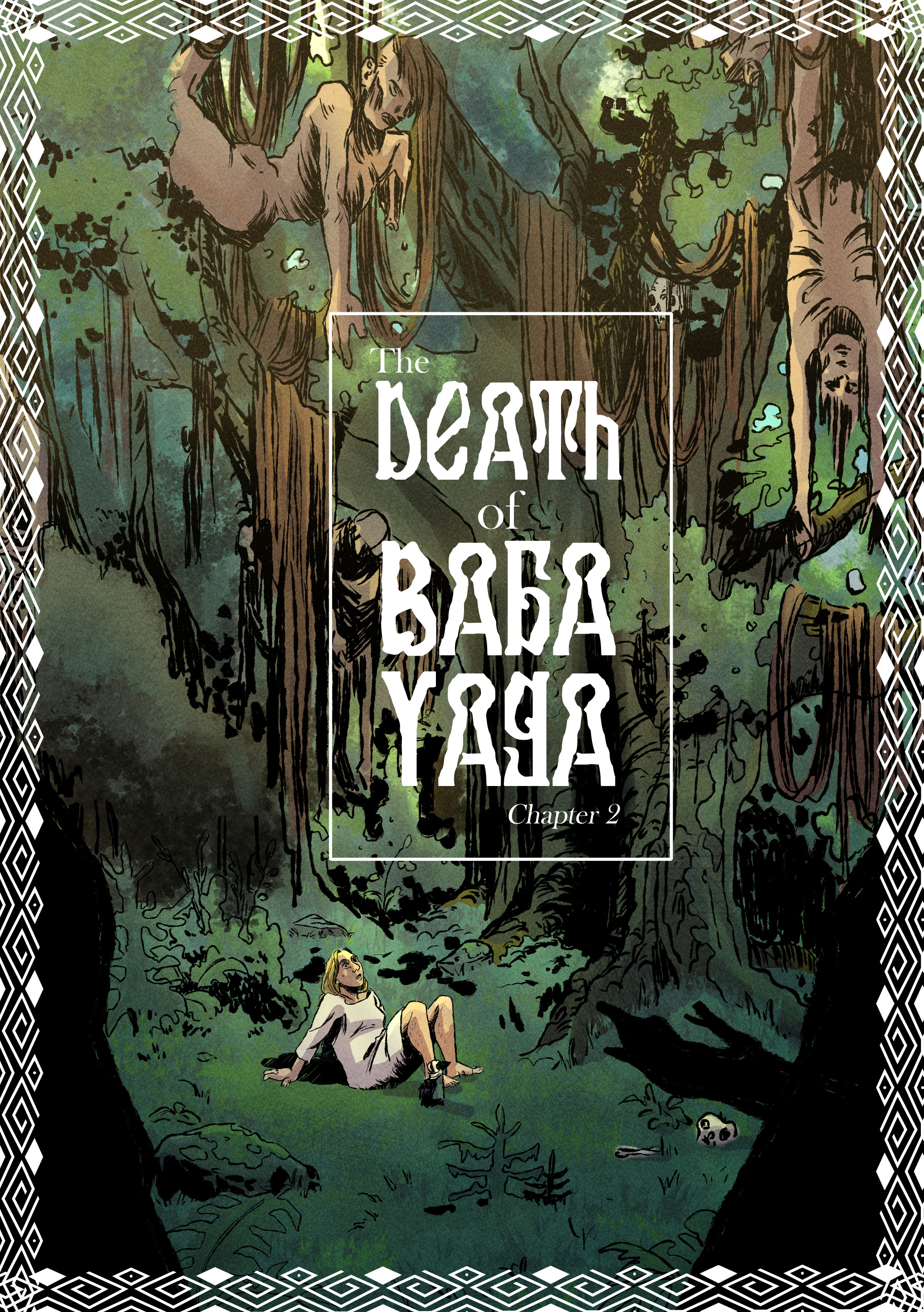 A blond woman leaning back on the grass floor of a forest stares up at a tangle of bodies in a tree.